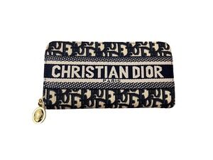 Christian Dior Paris Oblique Jacquard Zip-Around Long Wallet Navy Blue Beige